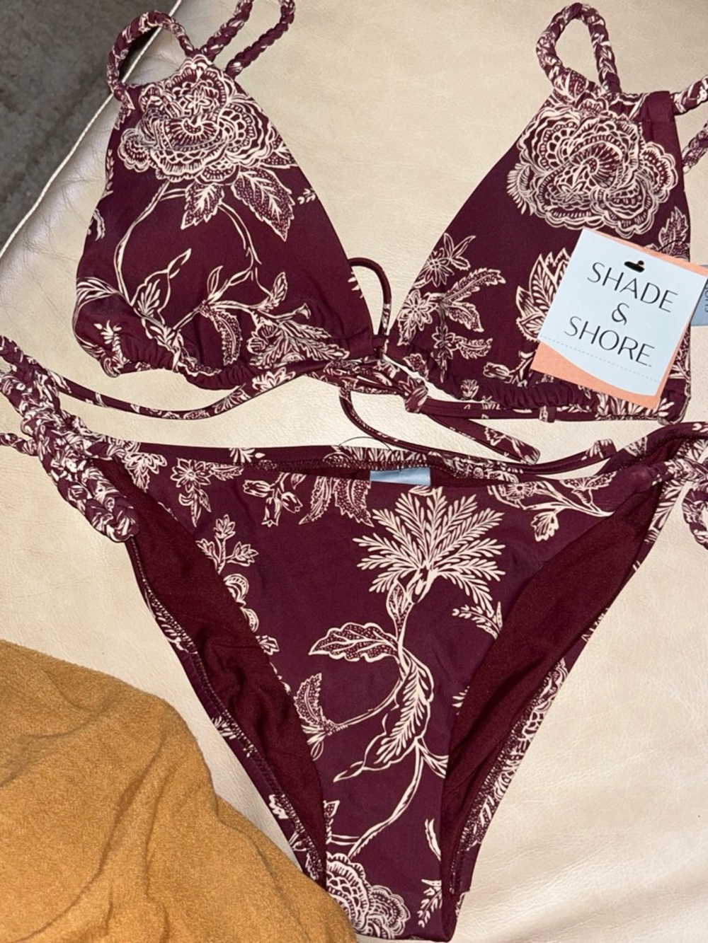 Shade & Shore Maroon Floral Bandeau Bikini in Cream Print